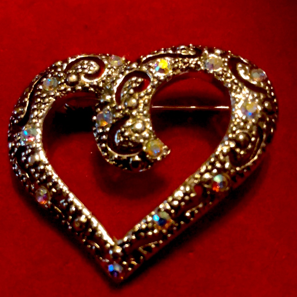 Vtg Aai Silver Tone Heart With Marcasite And Aurora Borealis Rhinestones